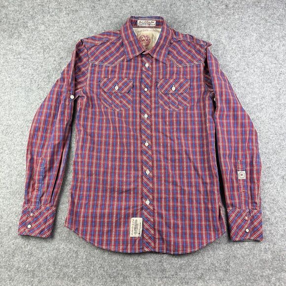 Jachs Western Shirt Mens S Red Blue Plaid Button Roll Tab Cowboy Rodeo Pockets - Picture 2 of 15